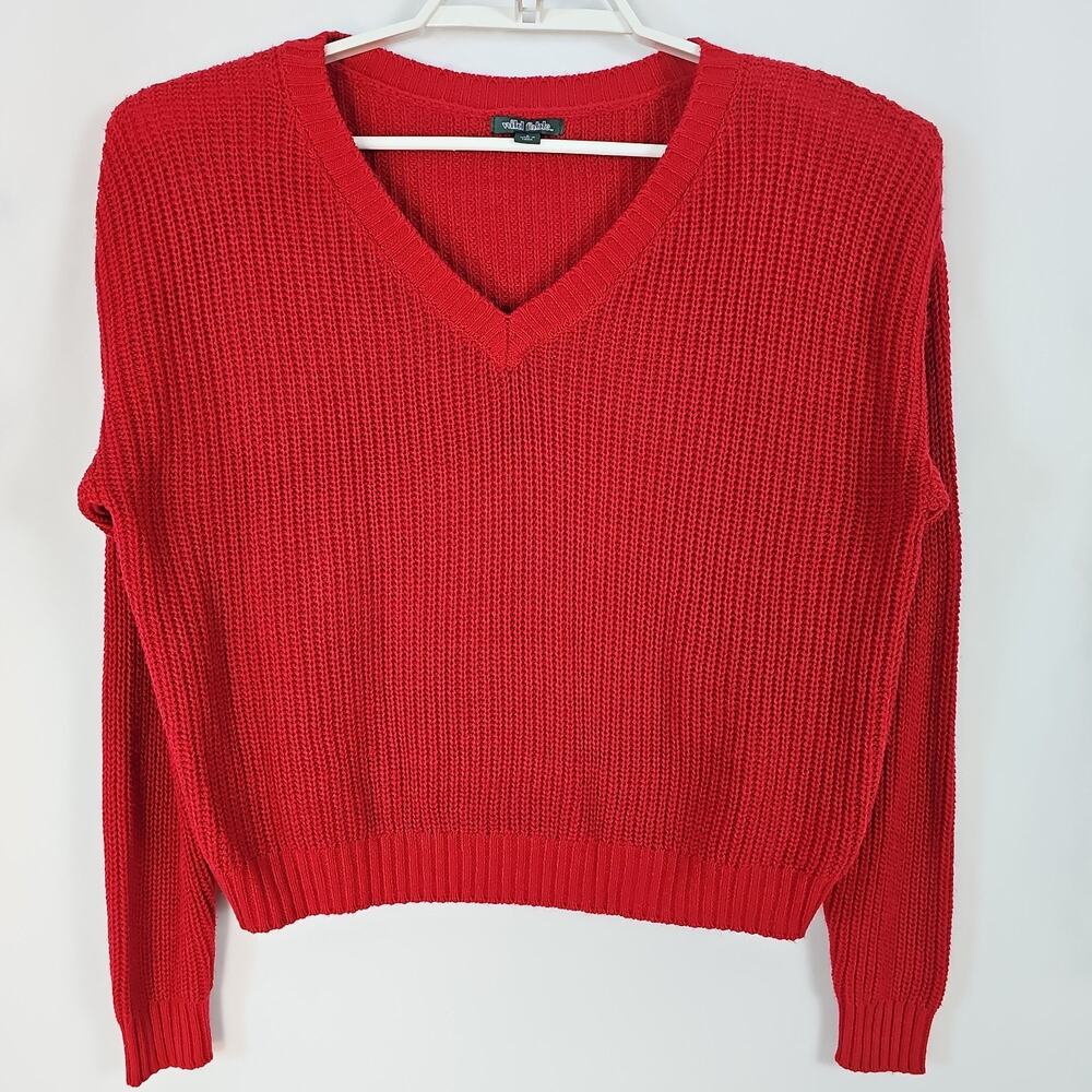Wild Fable Women Sz S Red Waffle Knit Pullover Cropped Sweater LongSleeve V-neck